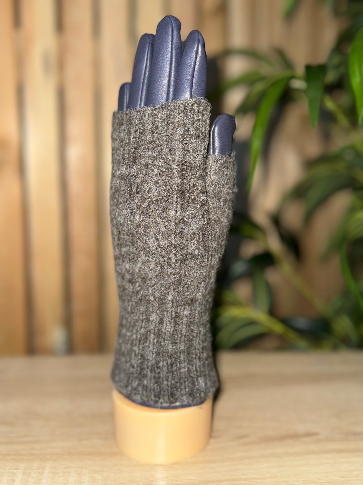 Leather & Knit Layered Gloves - Navy & Grey