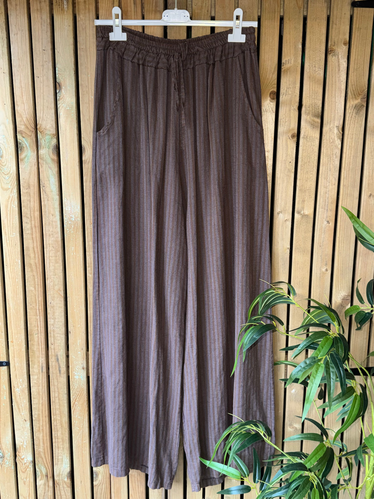 Linen Wider Leg Stripe Trouser - Chocolate