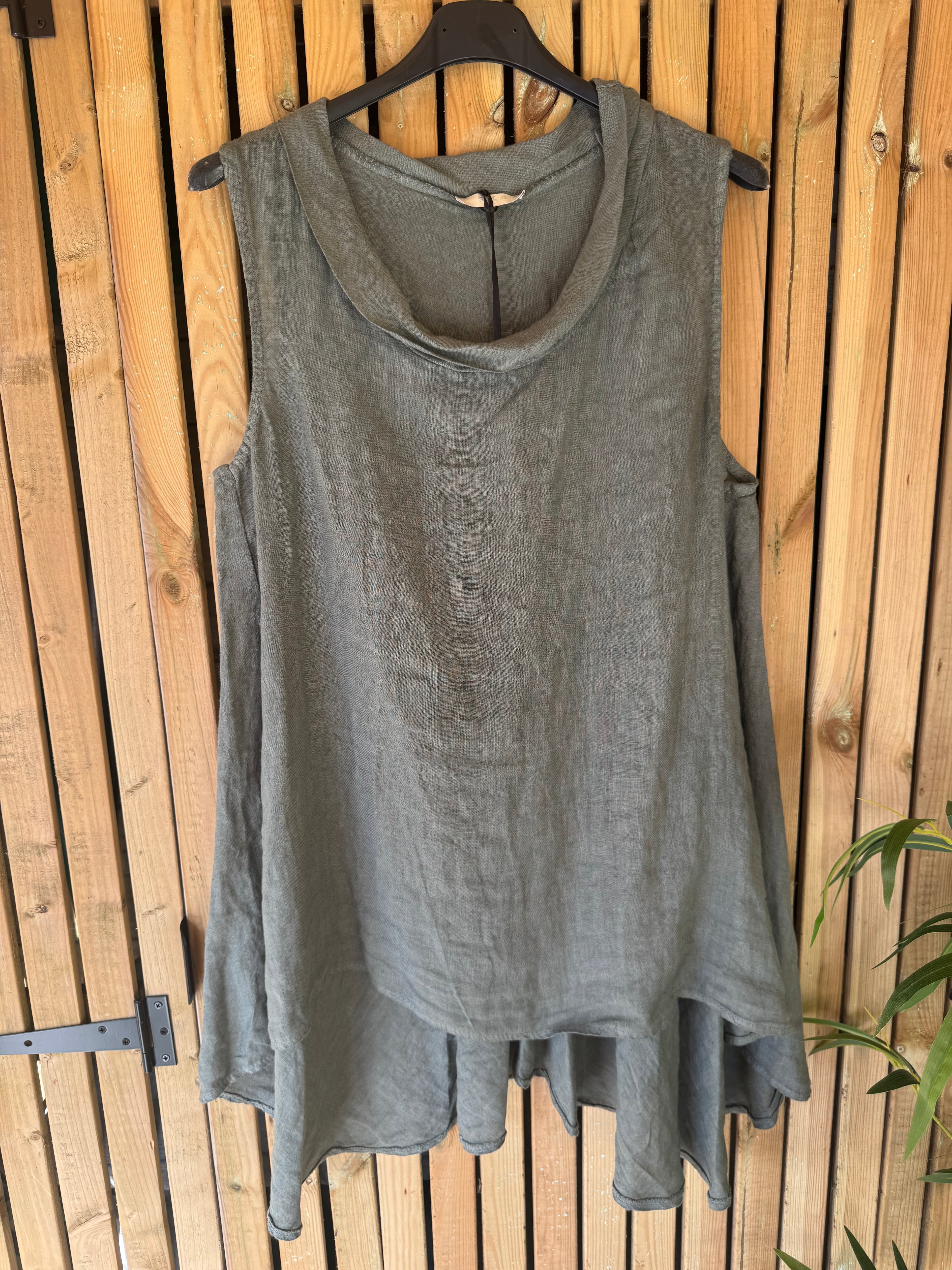 Linen Long Line Tunic - Khaki