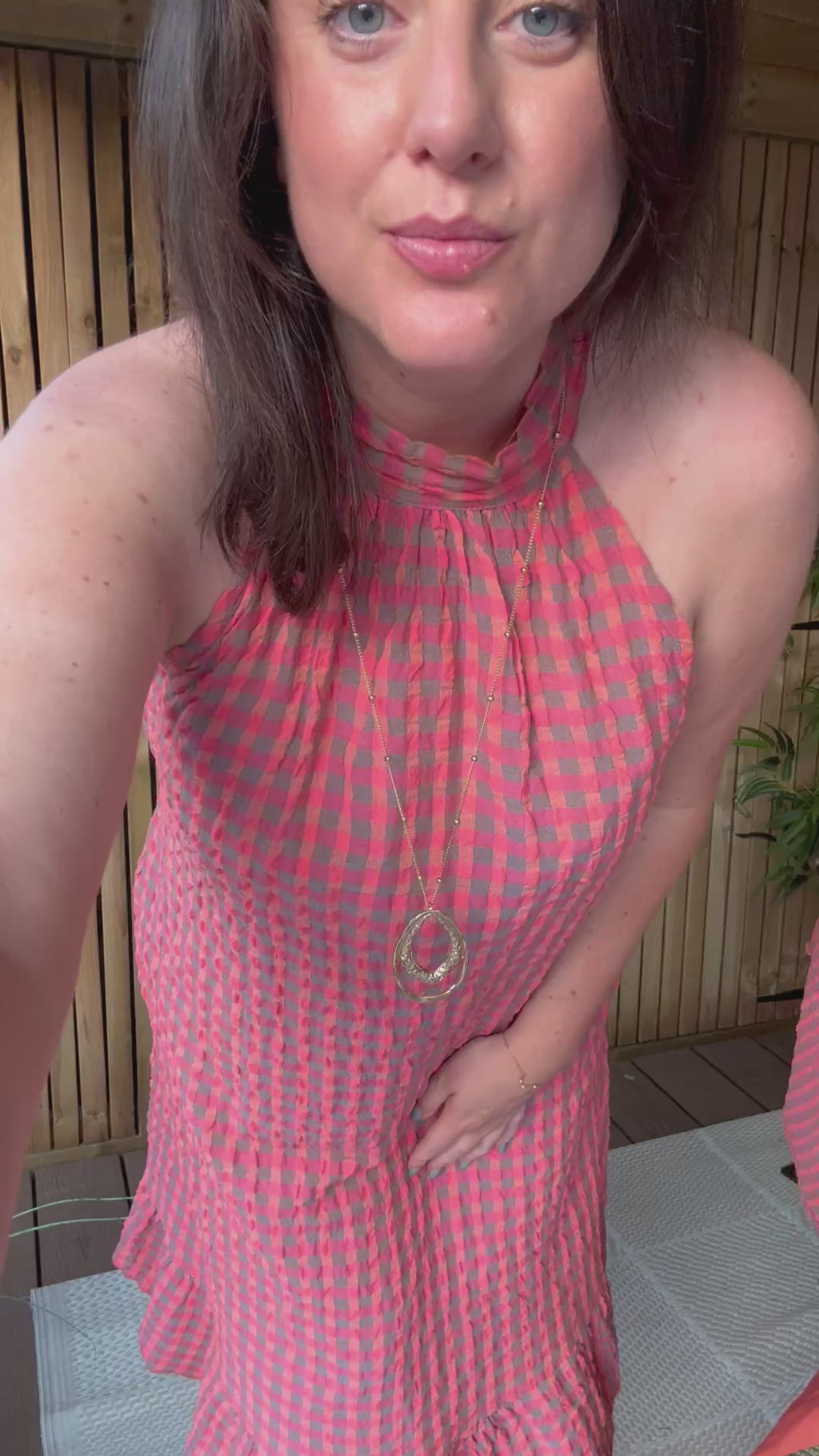Halter Neck Gingham Dress - Coral