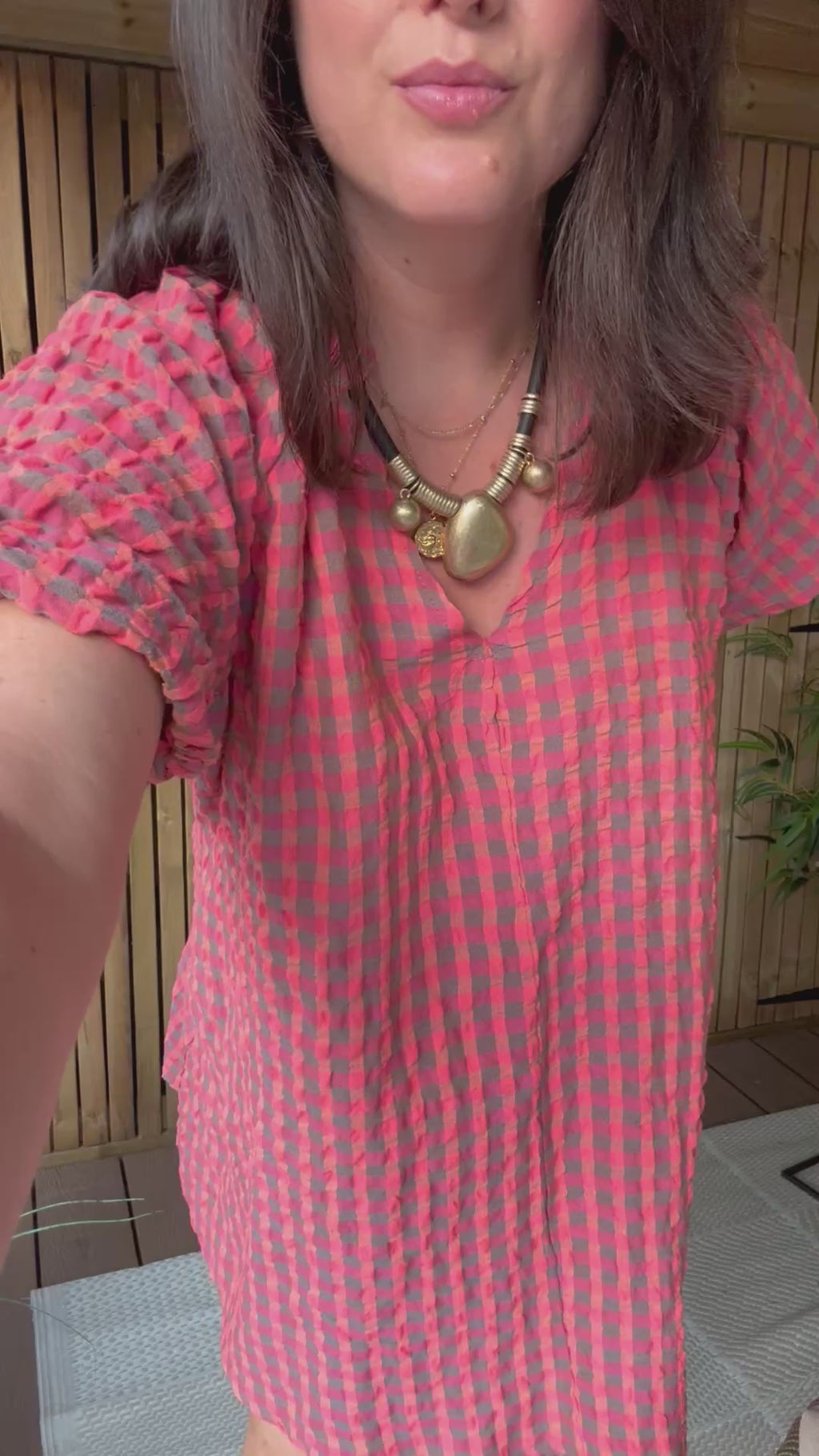 Gingham Puff Sleeve Dress - Coral
